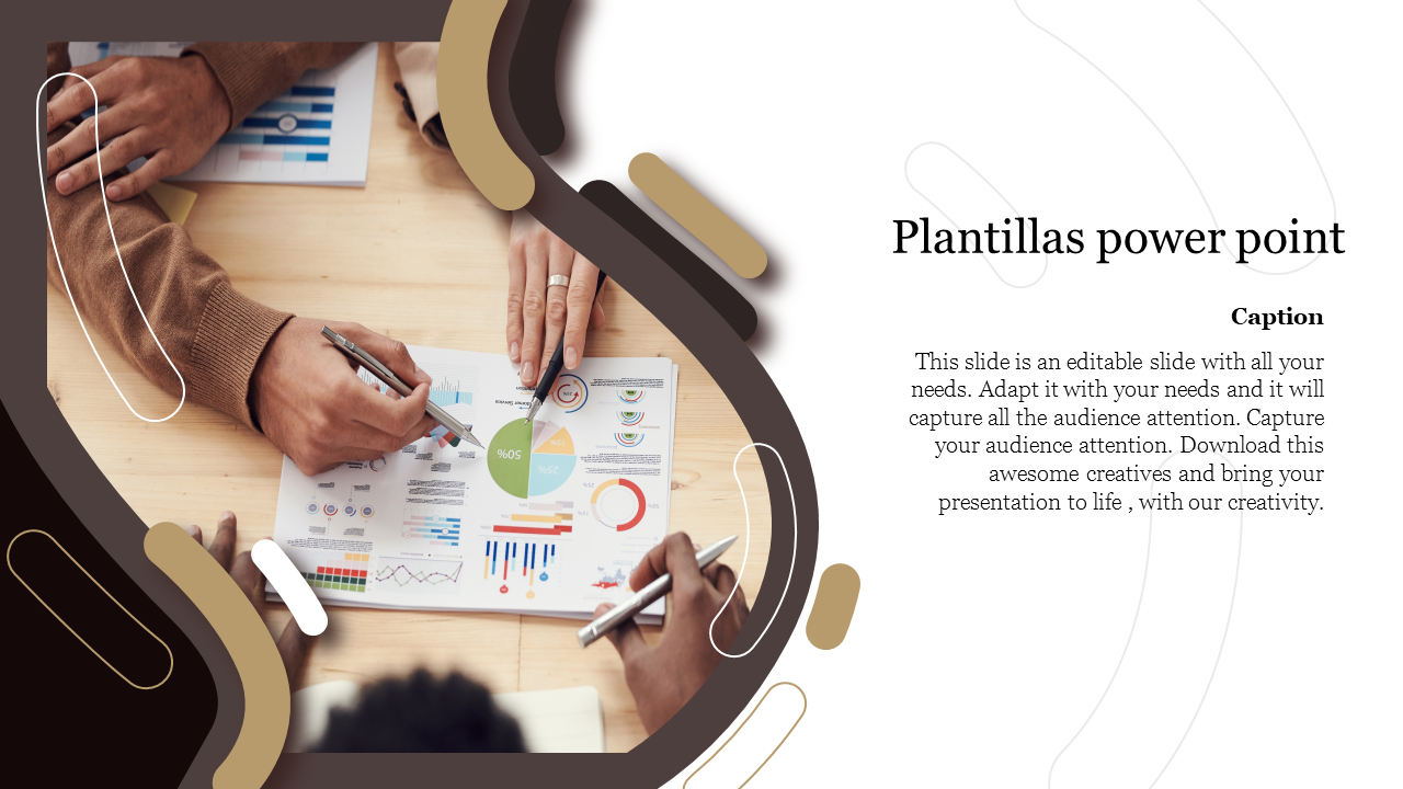 Plantillas with hands working on colorful charts, framed by brown and beige abstract shapes, with text on the right.