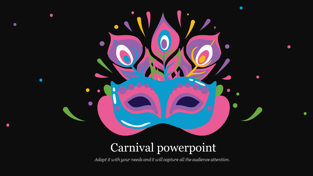 Carnival presentation slide with a striking blue and pink mask, decorative feathers, and confetti on a dark backdrop.