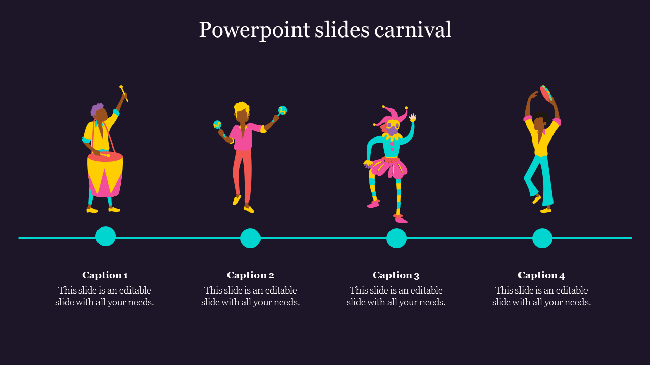 Carnival-themed slide with four colorful characters in different costumes, along a horizontal timeline with caption areas.