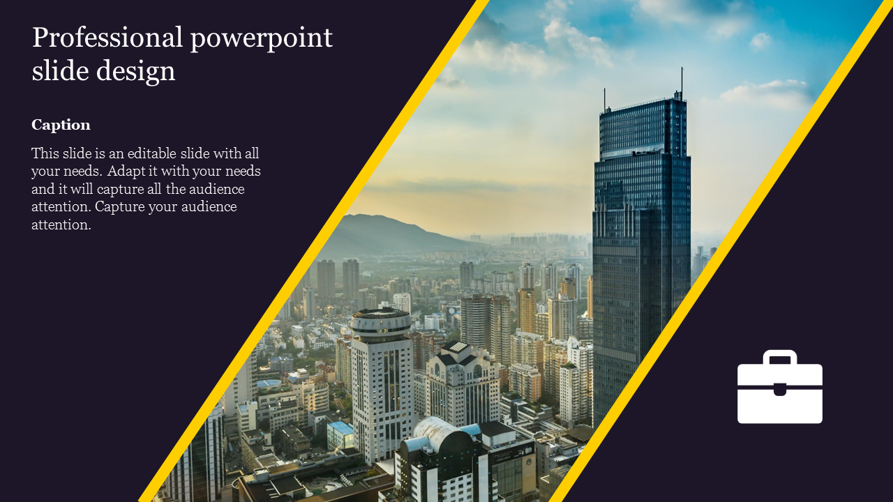 Professional PowerPoint slide design featuring a city skyline with high rise buildings, framed by diagonal yellow lines.