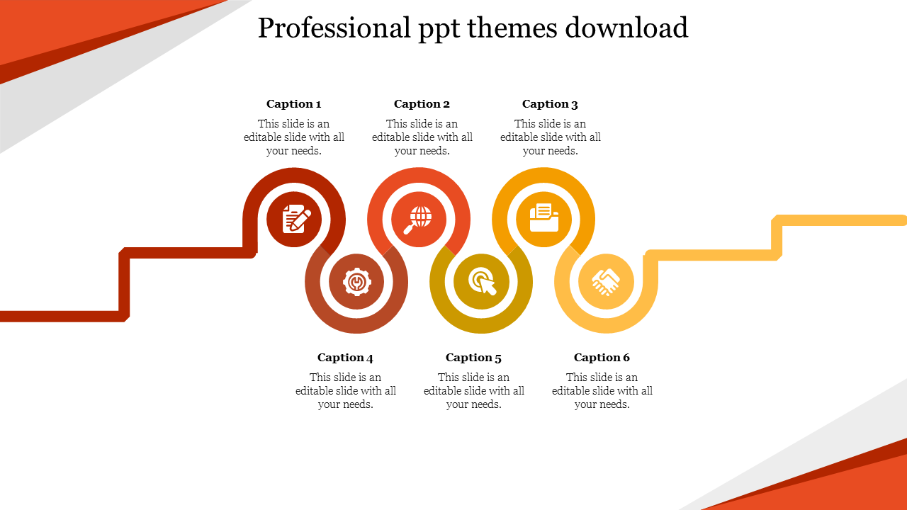 Colorful curved professional timeline with six steps, represented by icons in red, orange, and yellow, with caption areas.