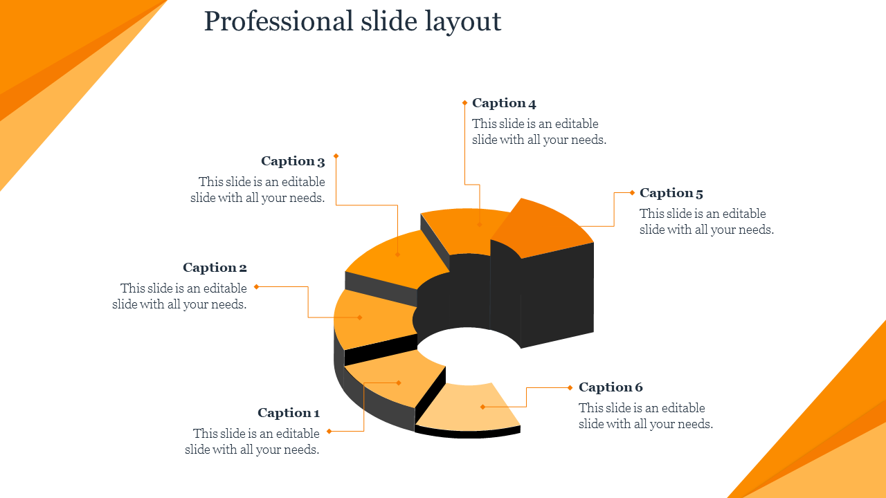 3D Circular pie chart with six orange segments, paired with directional arrows in a professional slide layout.