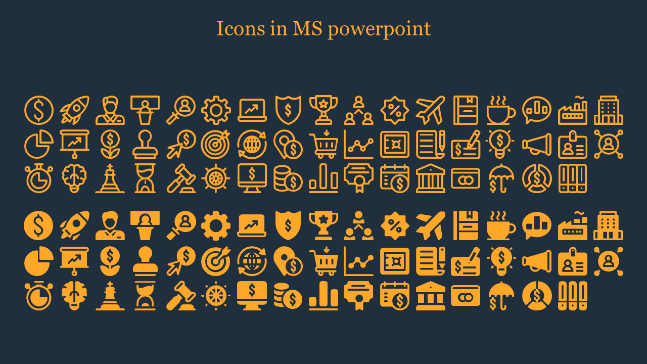 MS PowerPoint icons set featuring various symbols related to business, analytics, education, and finance in yellow.