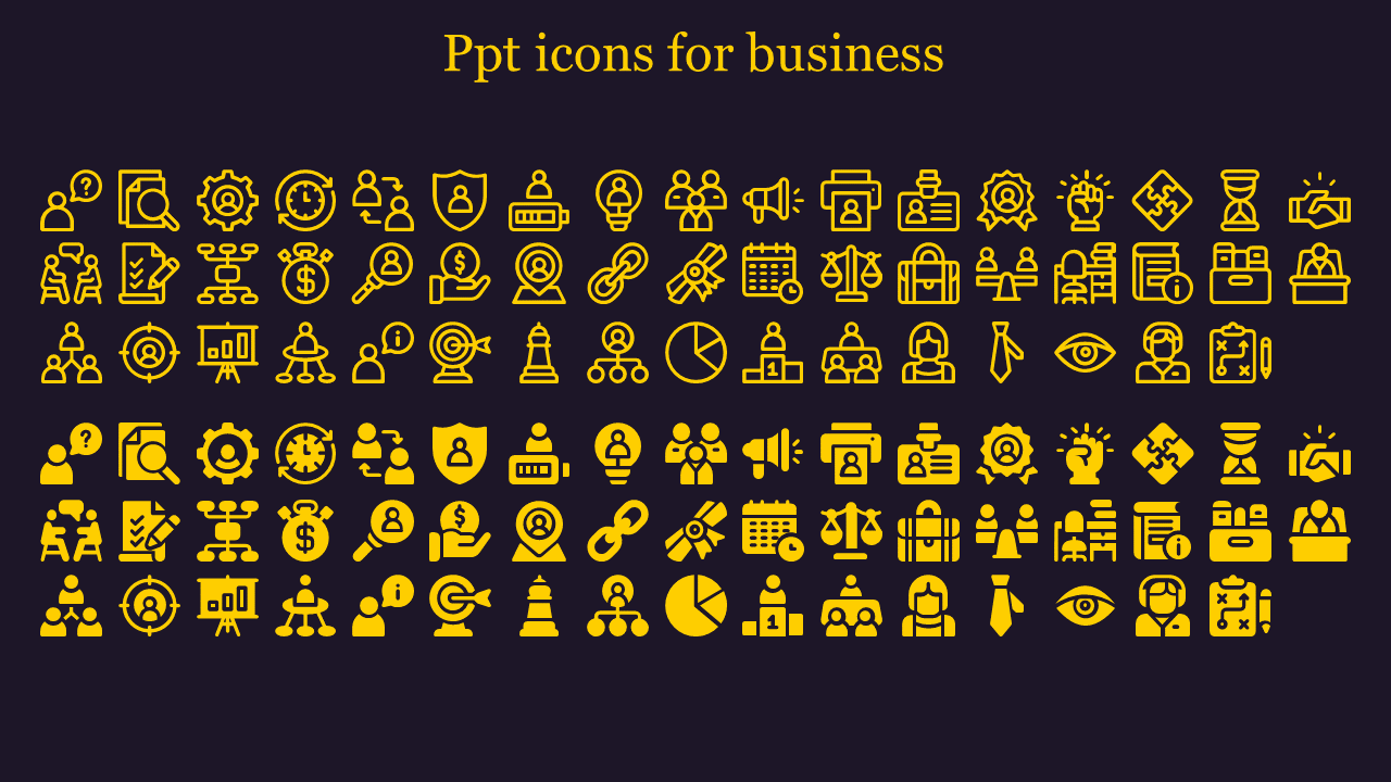 Collection of yellow icons representing various business concepts, arranged in rows against a dark background.