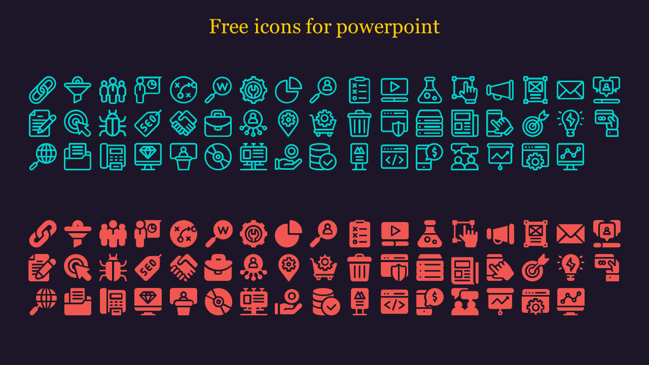 Slide featuring rows of blue and red free icons for PowerPoint presentations displayed on a dark background with title text.