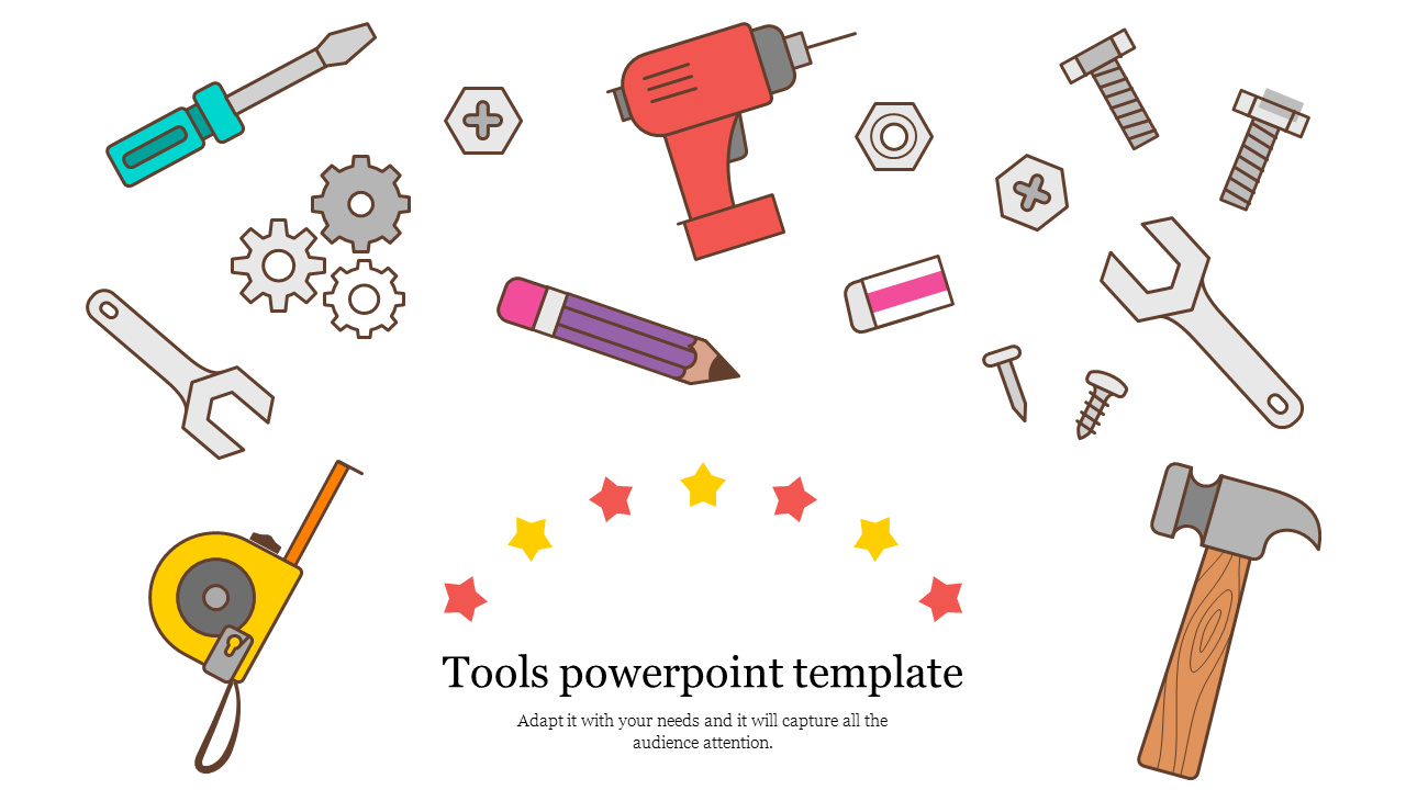 Colorful slide featuring various tool icons like a drill, wrench, and hammer, with a title text and stars below.