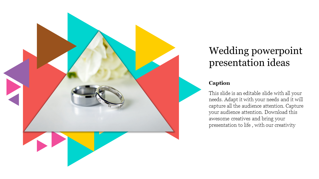 A triangular layout with overlapping vibrant geometric shapes framing a photo of wedding rings on a white background.