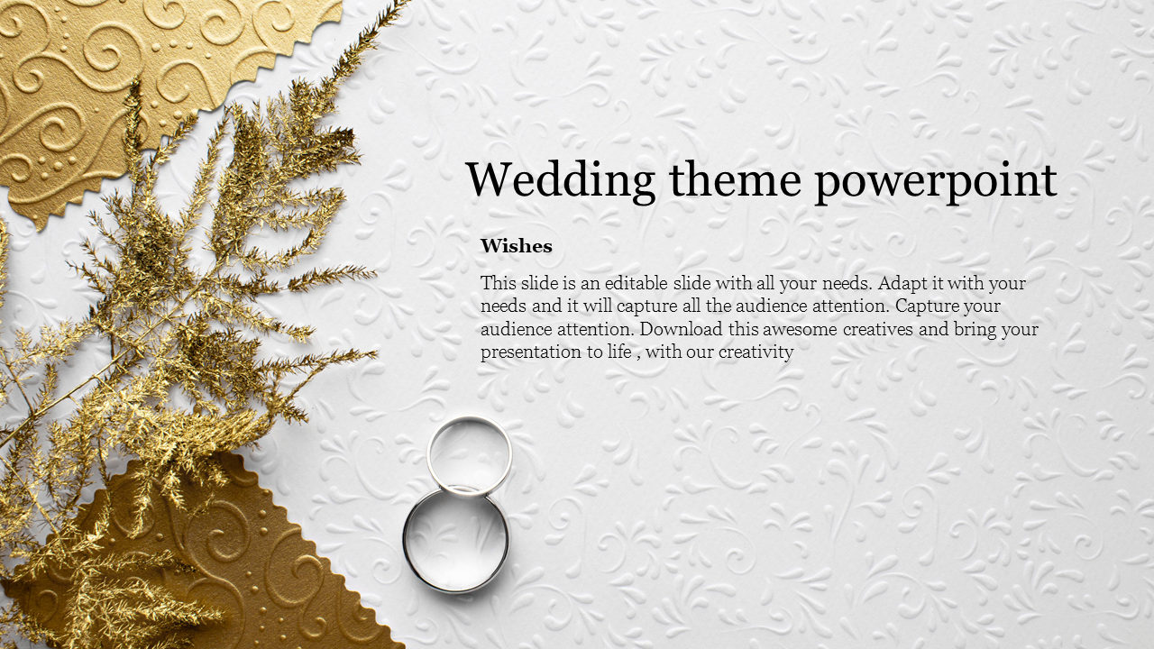 Decorative wedding slide with gold accents, rings, and a textured background with a stylish text area.