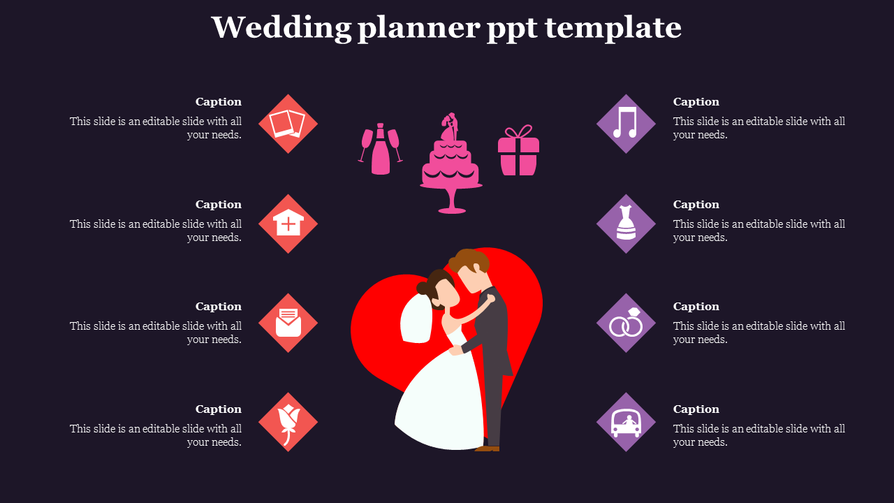 Slide for wedding planning with a central illustration of a bride and groom and icons representing planning tasks.