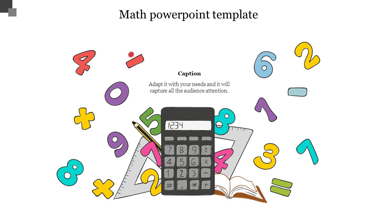 Math PowerPoint template showing a calculator, pencil, and colorful numbers against a white background.