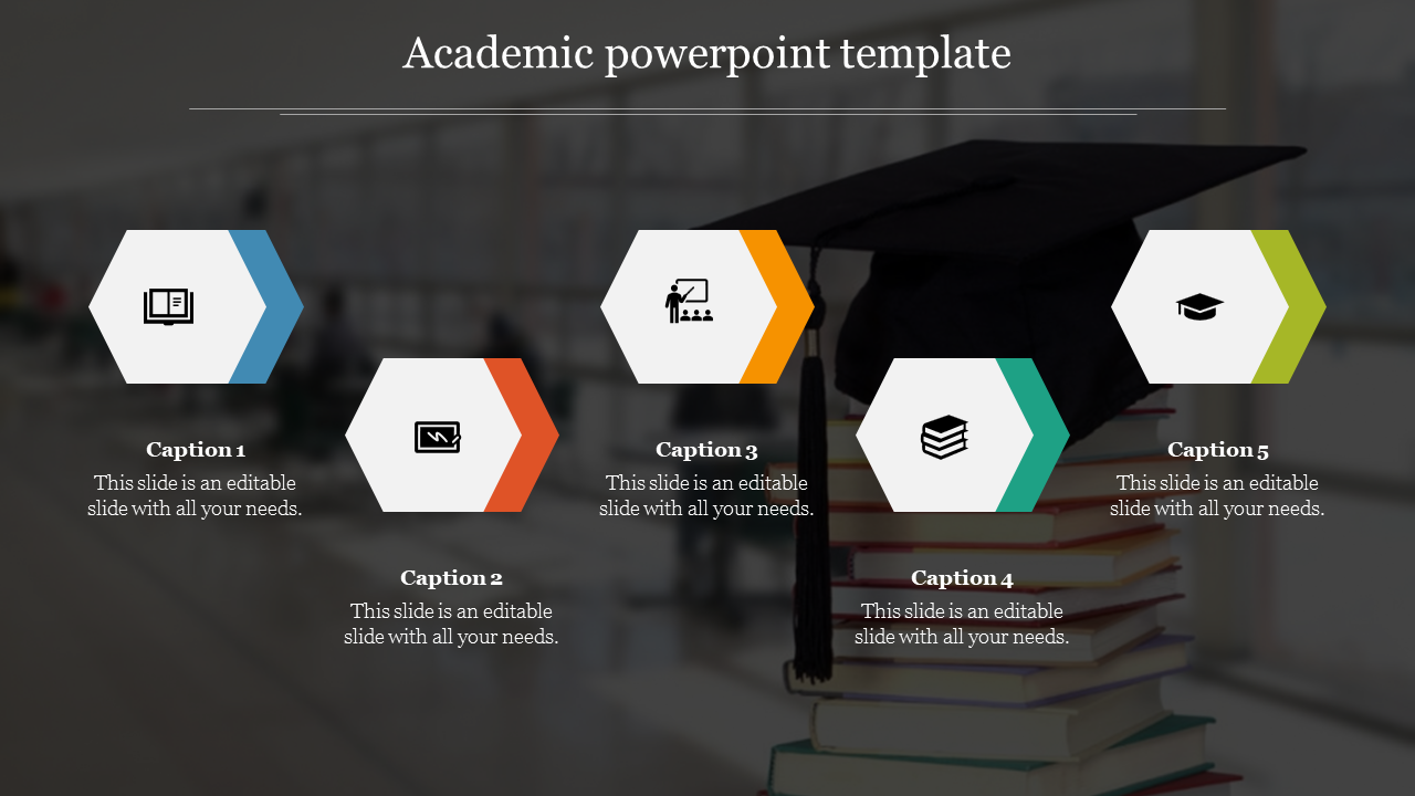 Academic PowerPoint template featuring hexagonal icons representing education concepts with placeholder captions.