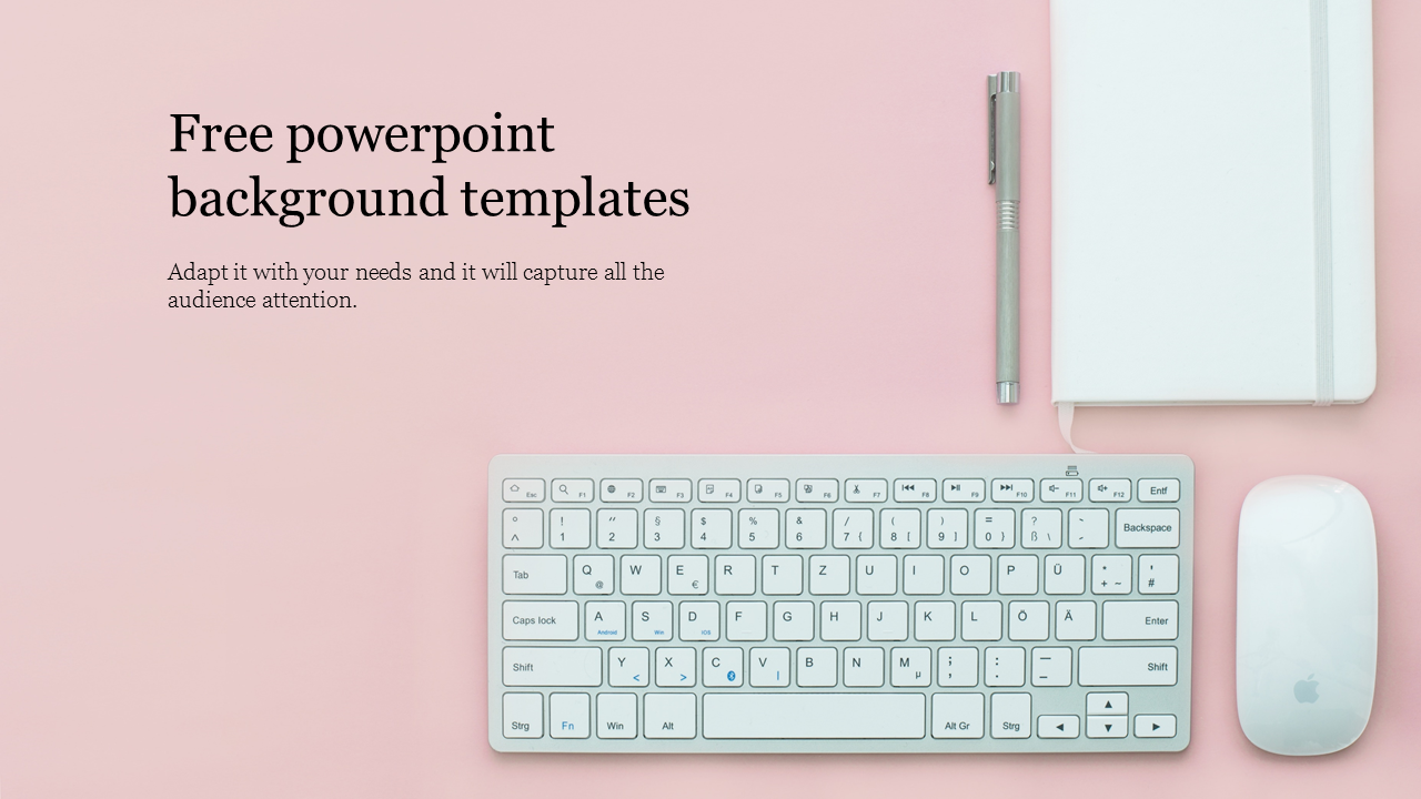 Modern PPT presentation slide background featuring a white keyboard, mouse, notebook, and pen on a pink surface with text.