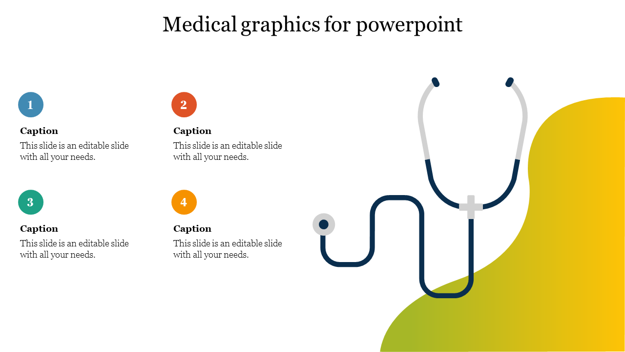 Medical slide with large stethoscope graphic on the right and four colorful numbered caption points on the left.