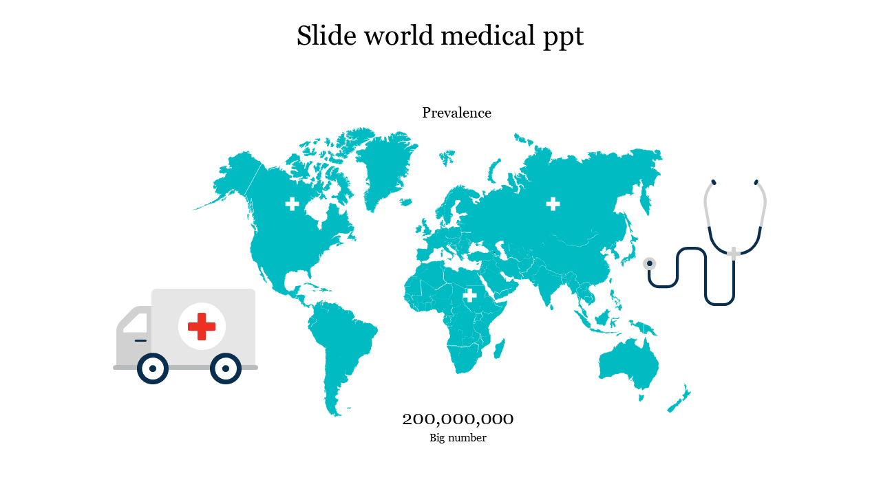 World map with medical symbols, ambulance, and stethoscope representing global healthcare prevalence.