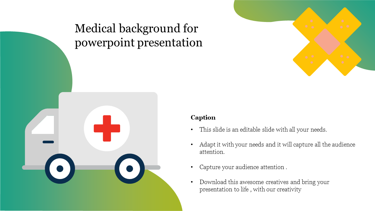 Medical template showcasing a red cross ambulance graphic and a yellow adhesive bandage on a green-themed layout.