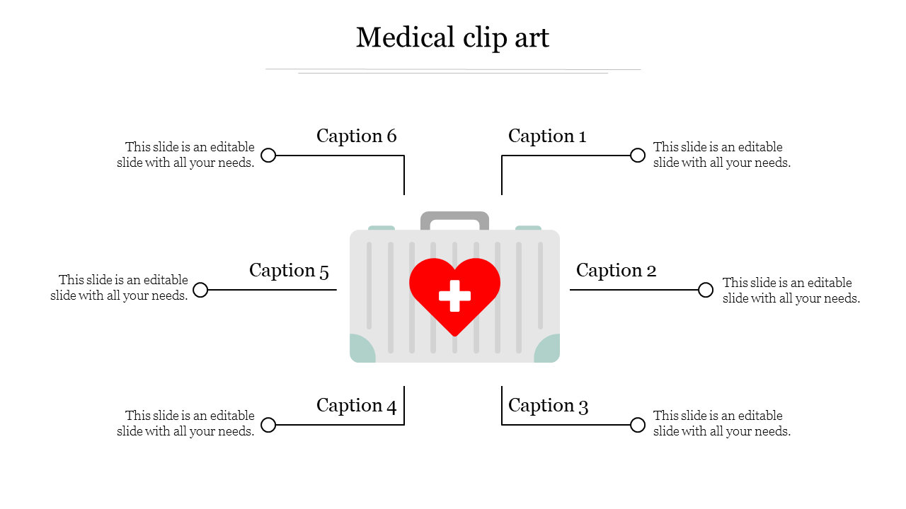 Central medical bag icon with a red heart and cross, connected to six placeholders text areas with lines.