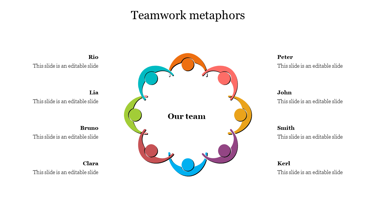 Teamwork metaphors slide features a circular diagram with eight colorful figures holding hands, representing team members.