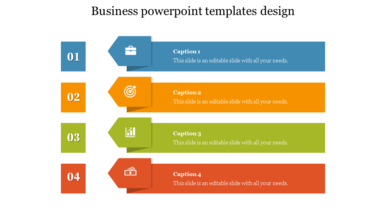 Four-step business template with numbered blocks and colorful arrow banners containing icons and caption areas.