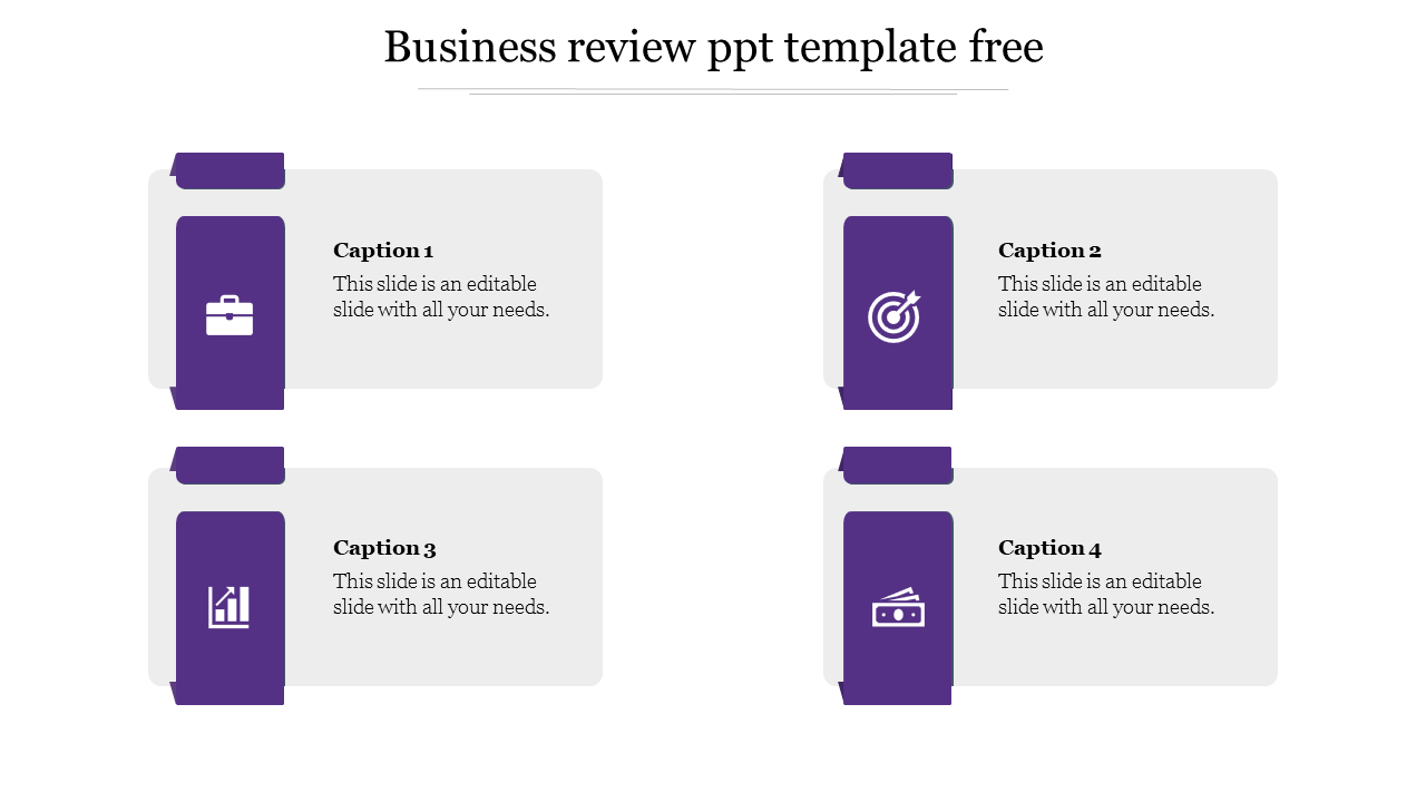 Business review PowerPoint template with four sections, each featuring an icon and a caption on a purple theme.