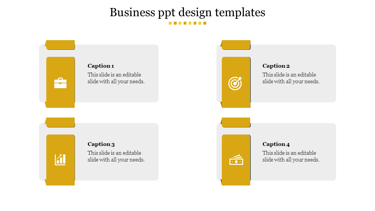 Slide with yellow accents in four rectangular blocks with icons placed to the left, arranged in two rows.