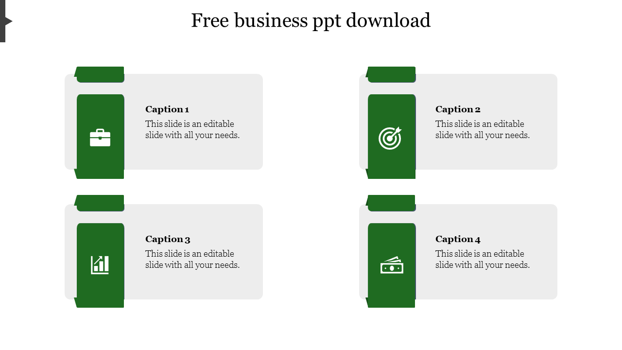 Professional business PowerPoint slide with four sections and green labels with icons and captions on a white backdrop.