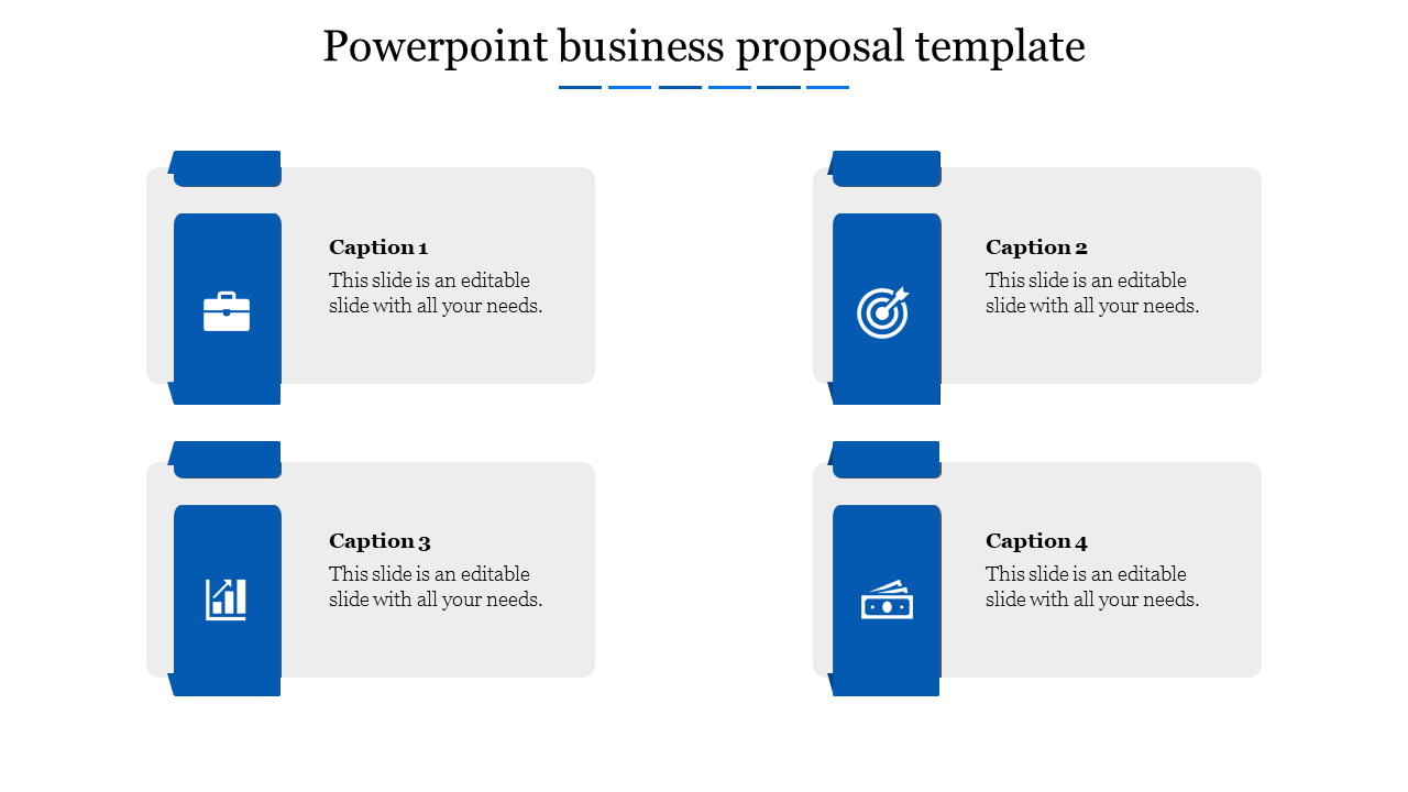 Business proposal slide with icons for a briefcase, target, chart, and cash, labeled with captions.