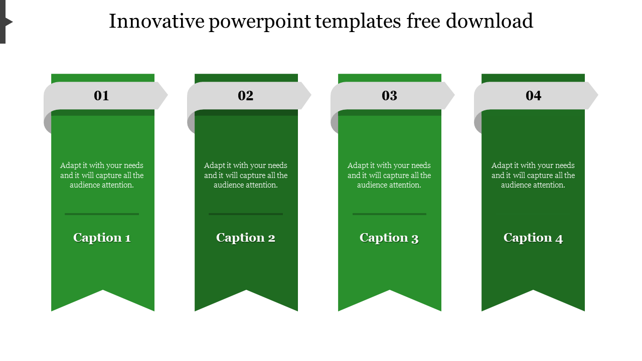 Innovative series of green banners with white number headers, each including a captions text area.