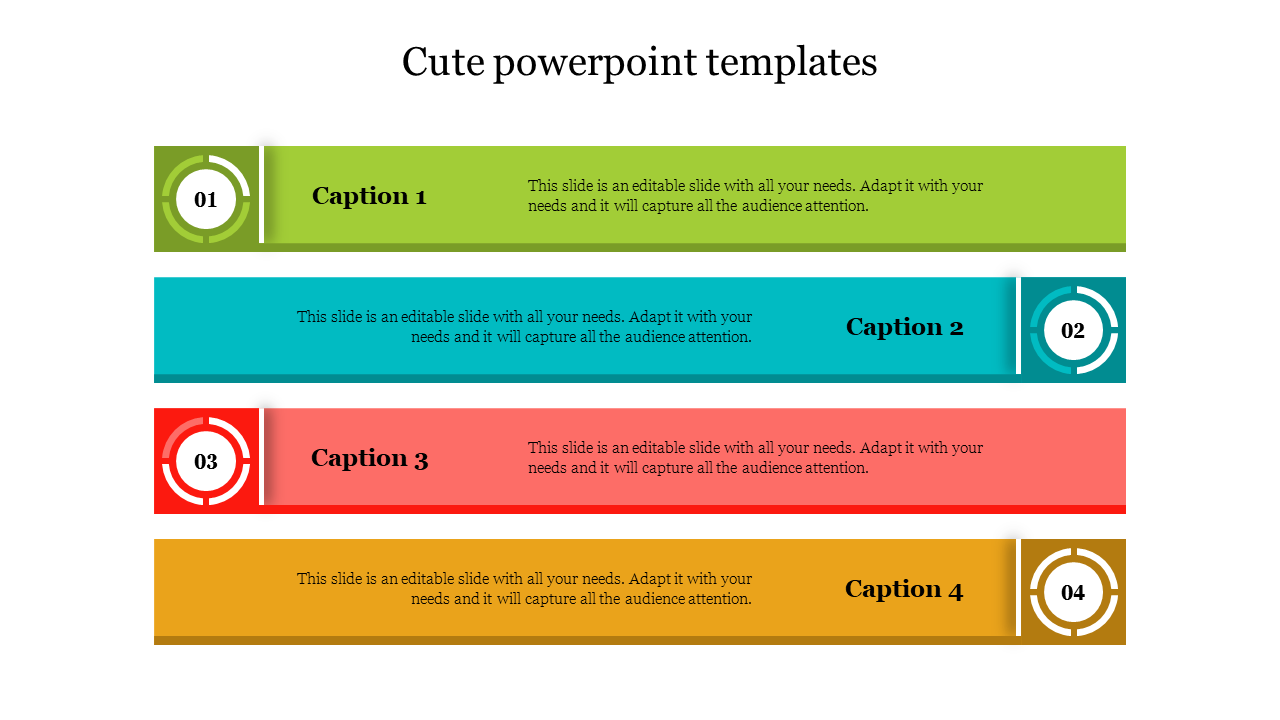 Four horizontal colored bars in green, blue, red, and yellow with circular numbered icons on the edges.