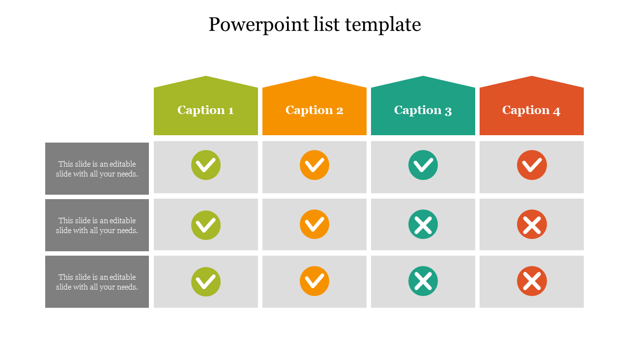 List template featuring four colored sections and a matrix of checkmarks and crosses in three rows.