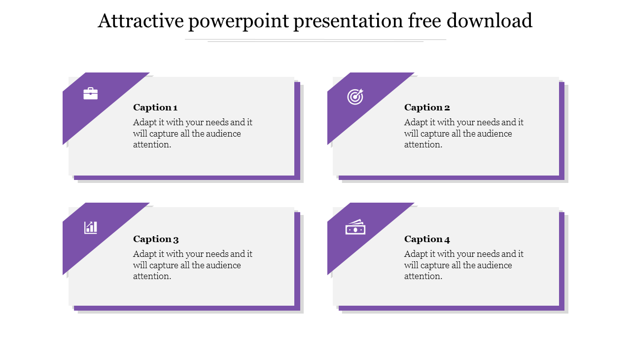 Slide with four purple bordered rectangular boxes with icons and text, arranged in two rows.