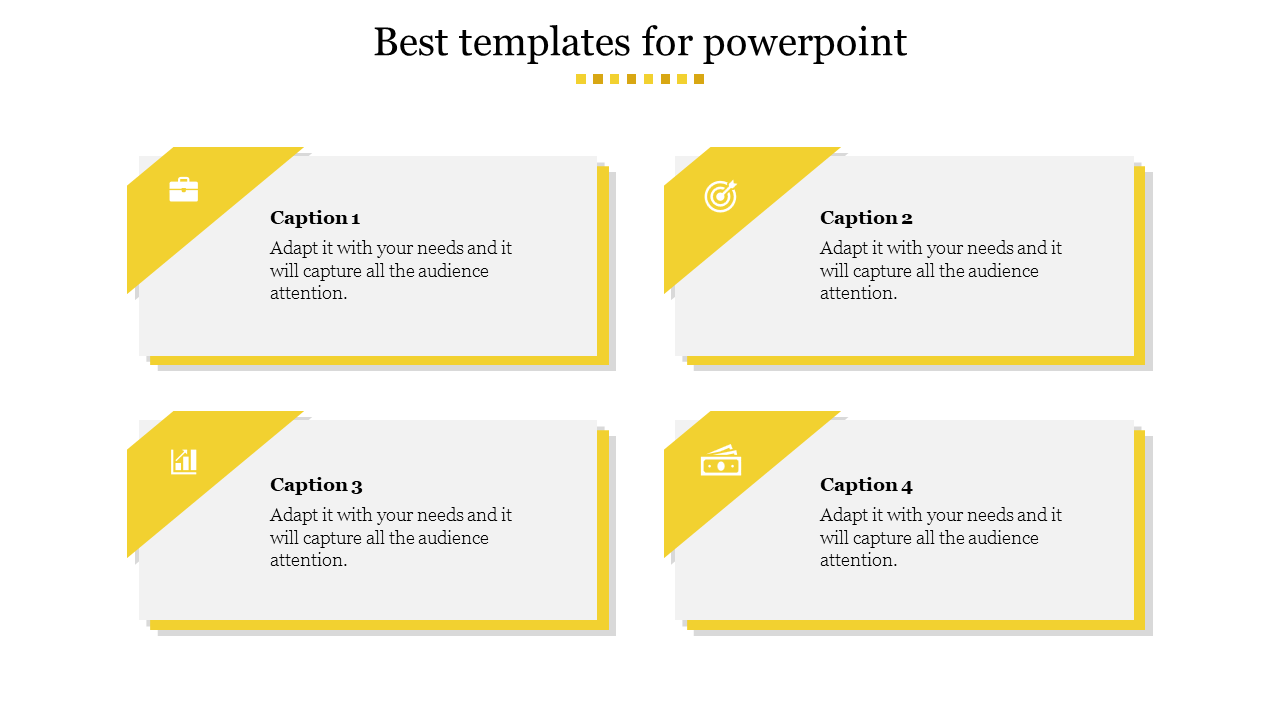 Best design PPT slide featuring modern caption boxes with yellow accents and icons on a white backdrop.