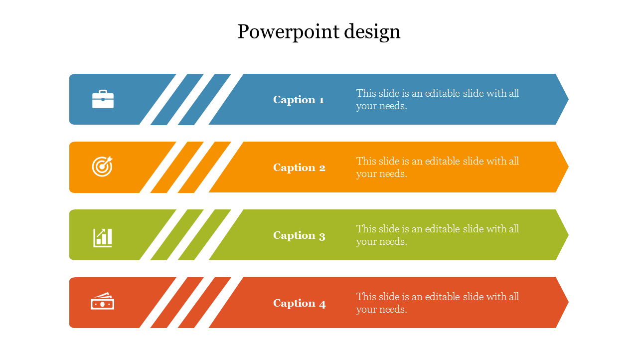 Horizontal design layout with colored sections, each including an icon and placeholder text areas.