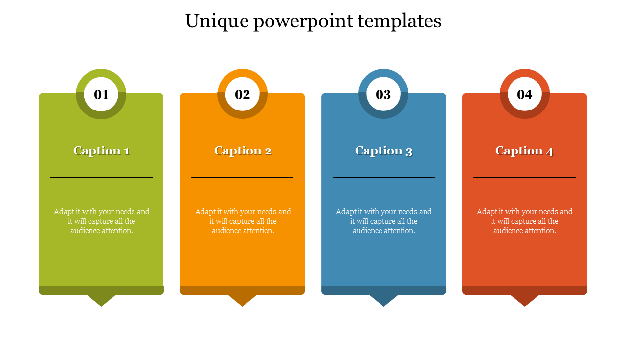 Four colorful infographic blocks PPT slide with numbered headings and captions on a white backdrop.