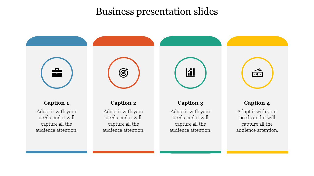 Four business themed PPT slide with infographic cards and color coded icons with captions on a white backdrop.