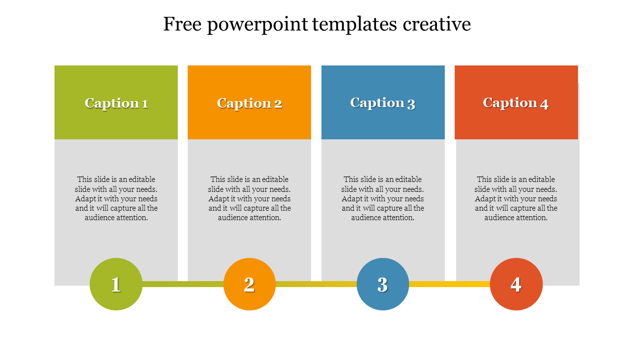 Creative PowerPoint slide with four colorful caption boxes, each labeled with a number and text.