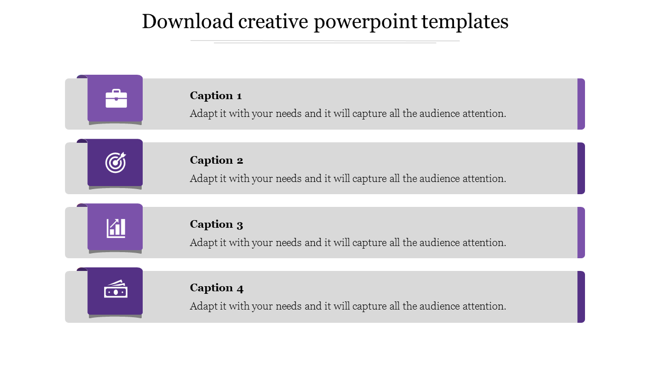 Creative template with four text placeholders and purple icons on the left placed in  a white background.