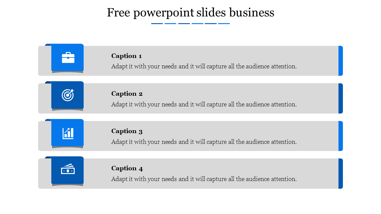 Business PowerPoint slide with four horizontal sections, each featuring a blue icon and text placeholders.