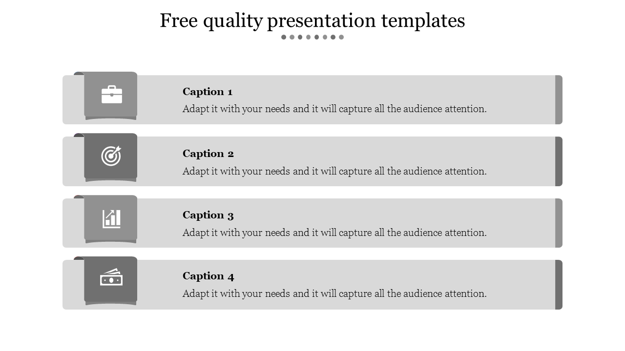 Minimalist quality slide with icons for business themes, including targets and finance, arranged vertically.