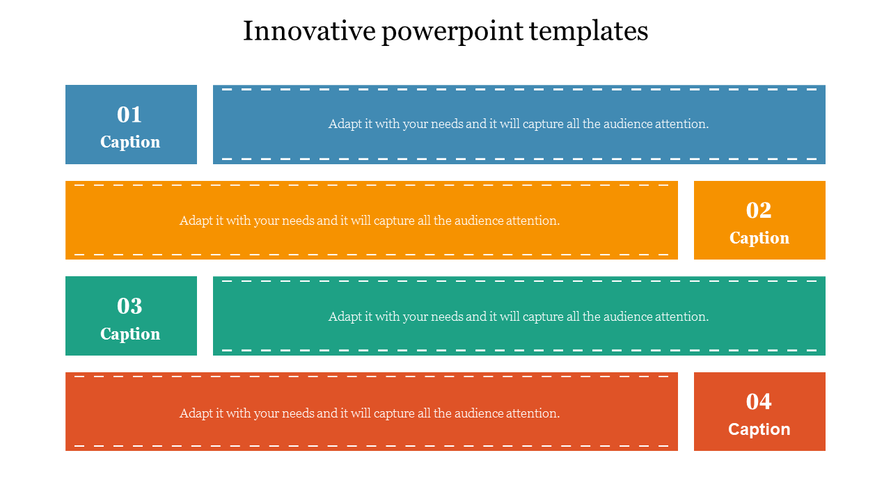 Vertical layout of four sections with blue, orange, green, and red backgrounds, each with dashed borders and captions.