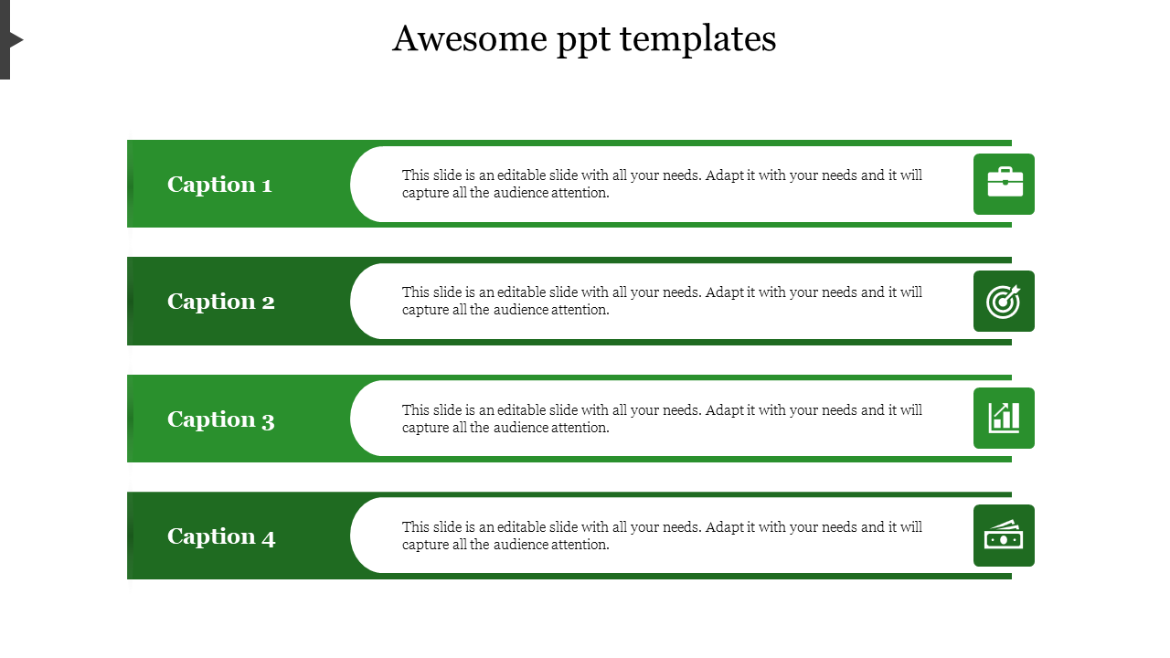 PowerPoint slide with four green caption boxes, each with a descriptive icon and text space.