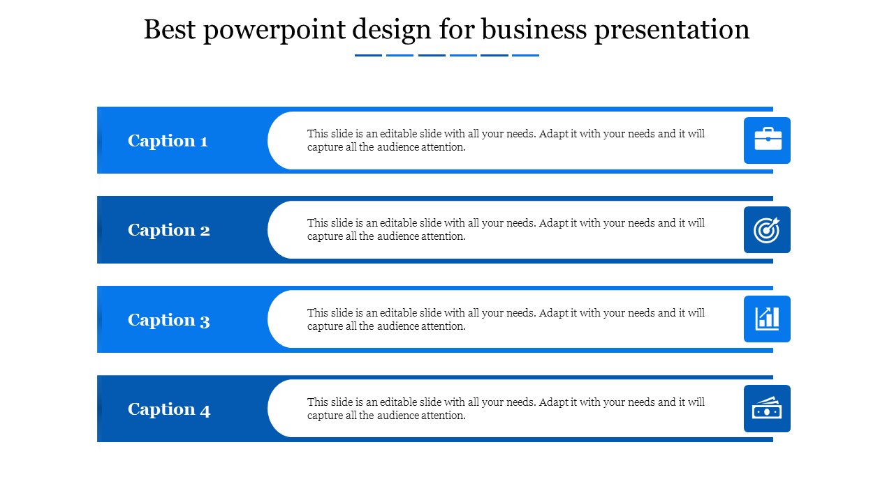 Professional business PowerPoint slide with four blue caption sections and icons on a white backdrop.