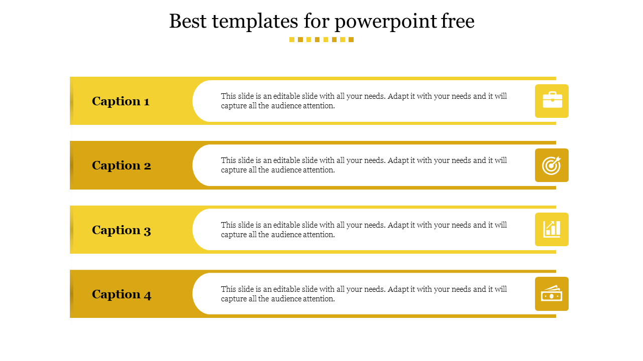 Horizontal list design with four golden bars, each containing a caption and icon on the right representing business concepts.