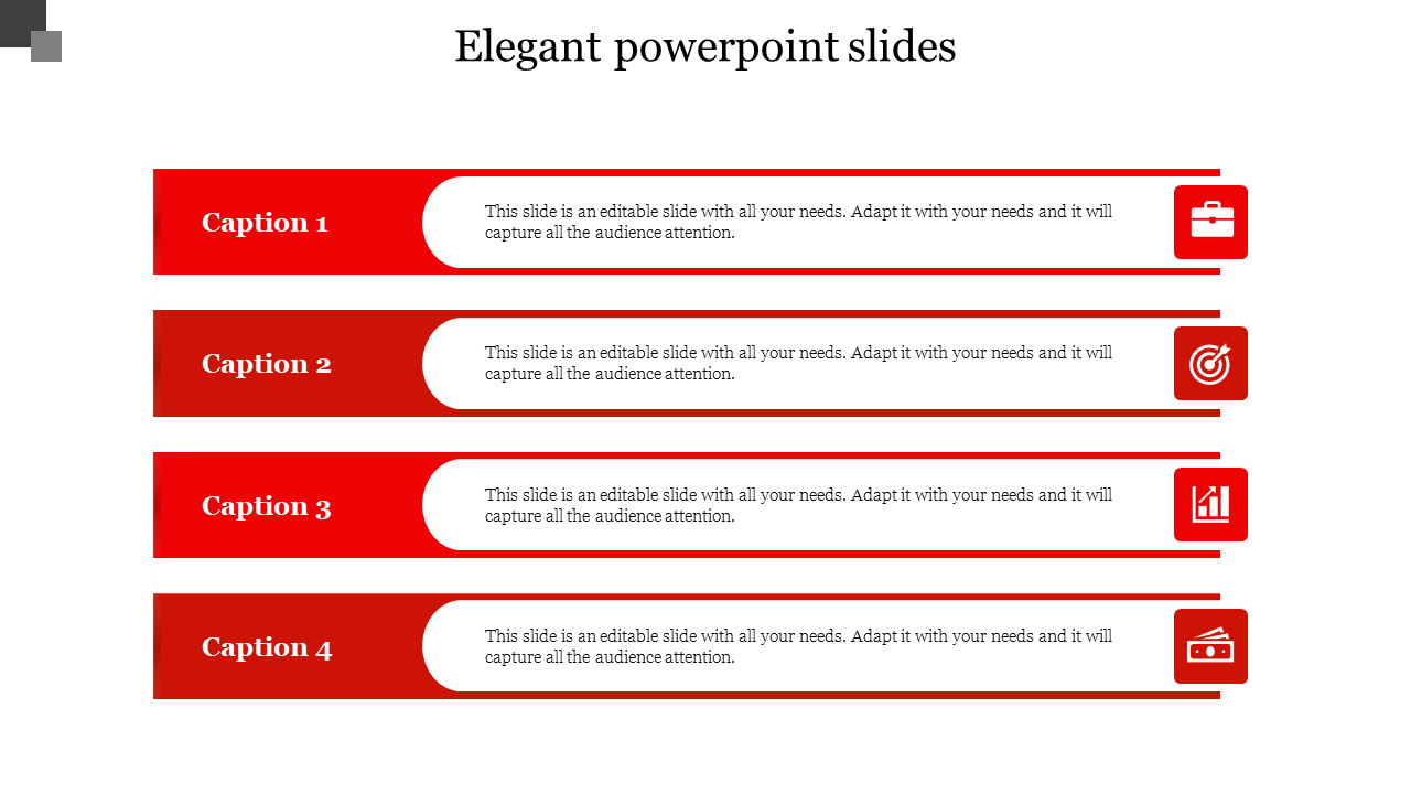 Professional business PowerPoint slide with four red caption sections and icons on a white backdrop.