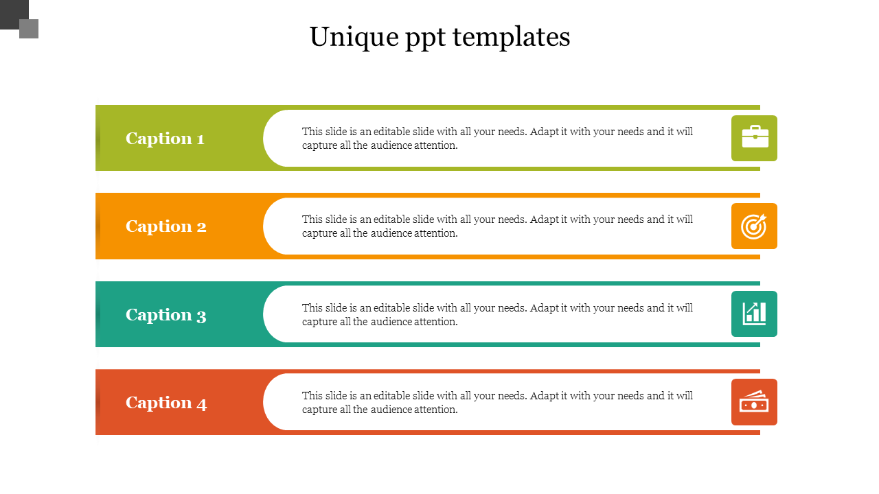 Infographic with four labeled rows in unique colors and icons for briefcase, target, analytics, and finance.