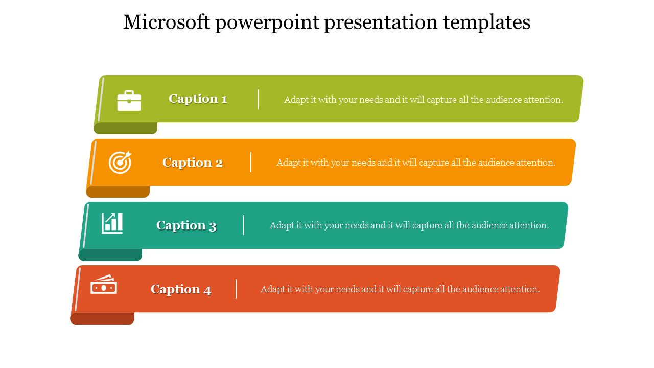 Four colorful labeled sections in a microsoft PPT template, each with icons representing different topics and text.