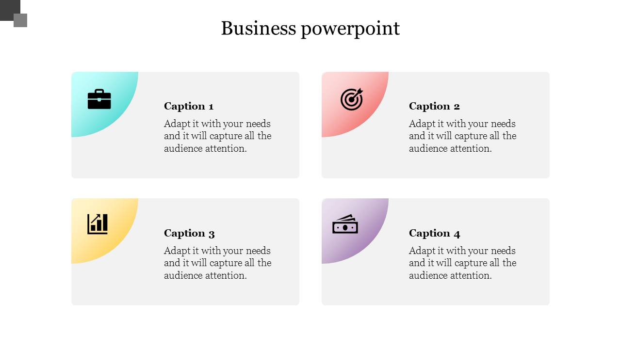 Minimalist business PowerPoint slide with four caption boxes and gradient icons on a white backdrop.