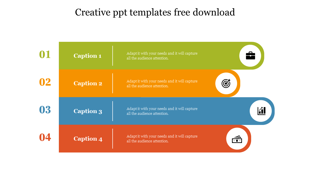 Creative slide layout with four captioned sections in different colors, each containing business-related icons.