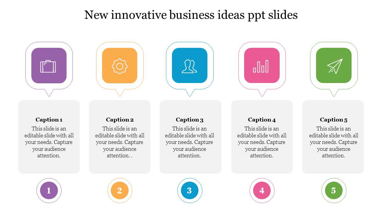 Colorful business ideas slide with five sections for captions, each represented by different icons and numbered sections.