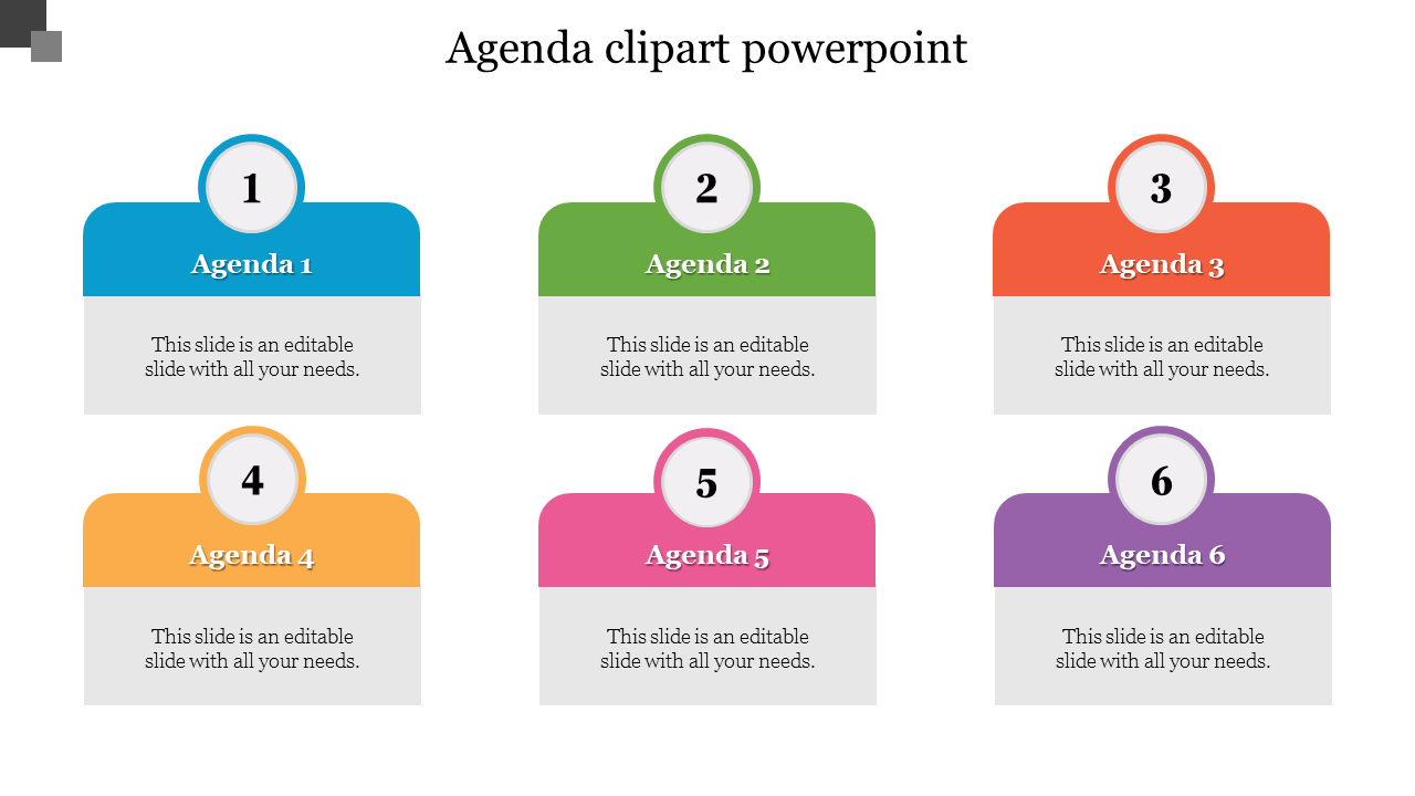 Agenda clipart slide featuring six numbered sections with colorful numbered text boxes and placeholder text.