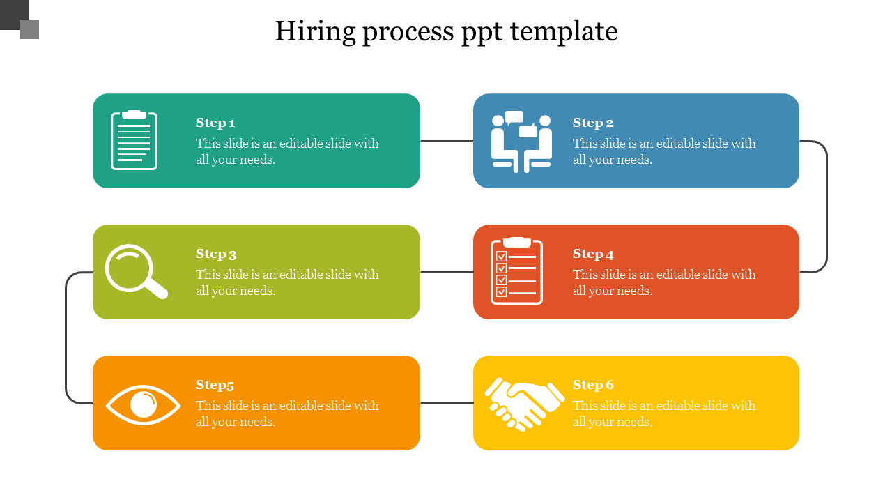 Hiring process PowerPoint template shows six steps, each with icons for tasks such as screening, interviewing, and hiring.